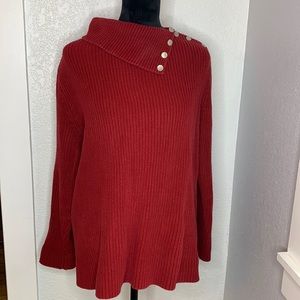 Lauren Ralph Lauren Red Ribbed Knit Button Collar Sweater Size M Holiday Preppy